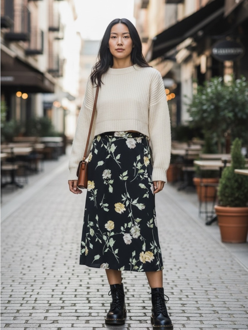 Savion Vintage Black Cream Floral Midi Skirt Size 12 Cottagecore